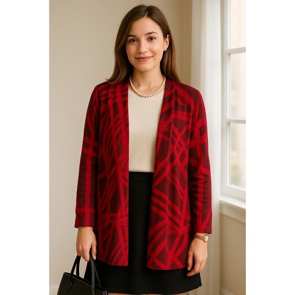 Chico’s Statement Knit Cardigan M – Red Abstract Print Open Front Workwear